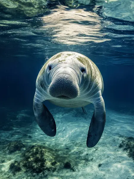 Deniz ayısı, berrak ve sığ sularda yüzer. Güneş ışığına yakalanır..