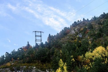 Parlak mavi gökyüzünün altındaki orman yamacında elektrik hatları olan metal kule..