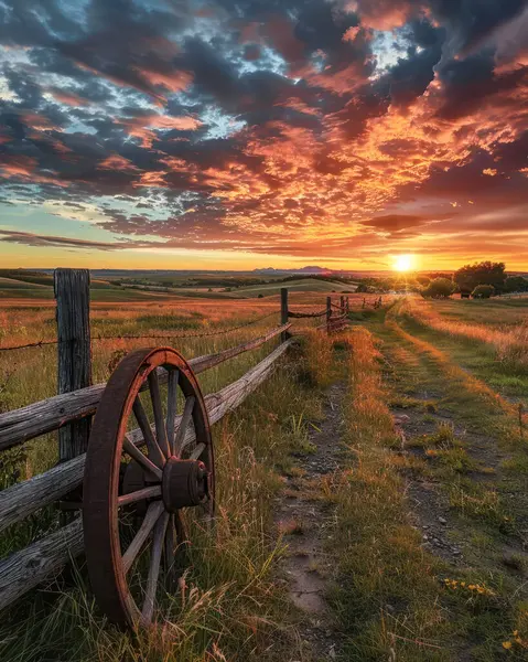 Gün batımında canlı gökyüzü, ahşap bir çit ve çimenli bir tarlada eski bir araba tekerleği ile pitoresk bir kır manzarası..