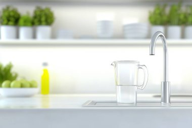 Temiz ve minimalist bir mutfak sahnesinde arka planda bulanık mutfak eşyalarıyla modern bir musluğun yanına yerleştirilmiş su dolu bir cam sürahi..