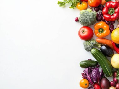 Temiz beyaz arkaplanın sağ tarafına yerleştirilmiş taze meyve ve sebzelerden oluşan canlı bir düzenleme..