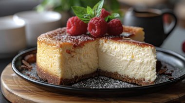 Taze ahududu, nane yaprağı ve toz şekerle süslenmiş lezzetli bir dilim kremalı cheesecake..