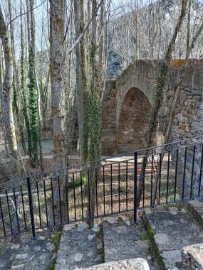 Old Roman bridge over the Cidacos River in Yanguas, Soria, with stone arches, flowing water, and lush vegetation. clipart