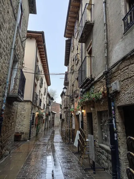 İspanya 'nın orta çağ şehri Laguardia, Alava' da ıslak bir kaldırım taşı caddesi.