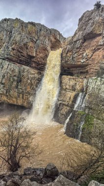 Cascada de la Cimbarra, İspanya 'da baş döndürücü bir şelale, engebeli kayalıkların üzerinden güçlü su akışıyla çağlayarak dramatik bir doğal manzara yaratır..