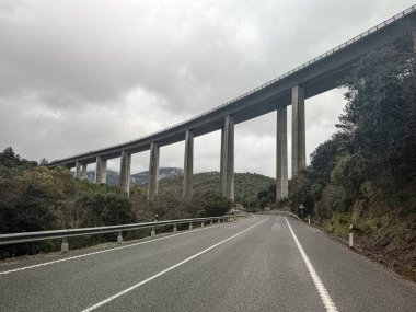 İspanya 'nın Despenaperros kentindeki bir vadi boyunca uzanan büyük beton bir viyadük, uzun sütunlarla desteklenmektedir ve yemyeşil ve dağlarla çevrilidir..
