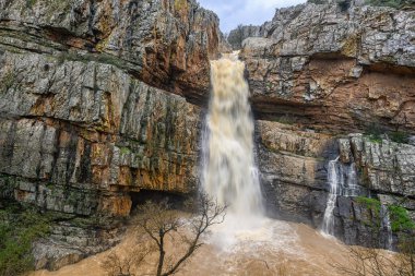 Cascada de la Cimbarra, İspanya 'da baş döndürücü bir şelale, engebeli kayalıkların üzerinden güçlü su akışıyla çağlayarak dramatik bir doğal manzara yaratır..