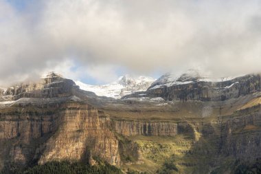 Yoğun bir orman ve karla kaplı tepelere bakan yüksek uçurumlar, doku ve renklerin çarpıcı bir karşıtlığını yaratıyor..