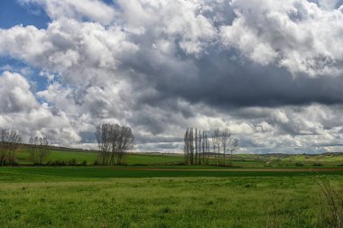 Dramatik bulutlu gökyüzünün altında geniş yeşil alanlar ve uzaktaki çıplak ağaç kümeleri..