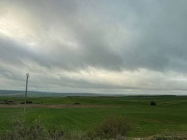 İspanya, Palencia 'da dramatik bulutların altında uzanan yeşil kırsal alanlar