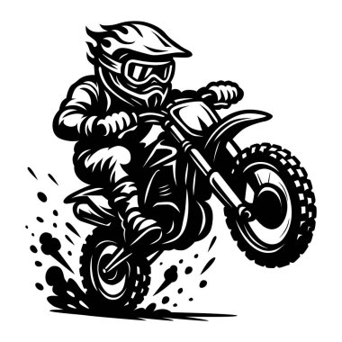 Aşırı atlama yapan bir motokros binicisinin cesur ve dinamik siyah-beyaz çizimi. Keskin hatları ve çarpıcı sıçramaları olan eski bir dövme tarzında tasarlanmış. Tişört baskıları, çıkartmalar, logolar, çıkartmalar ve diğer projeler için mükemmel. 