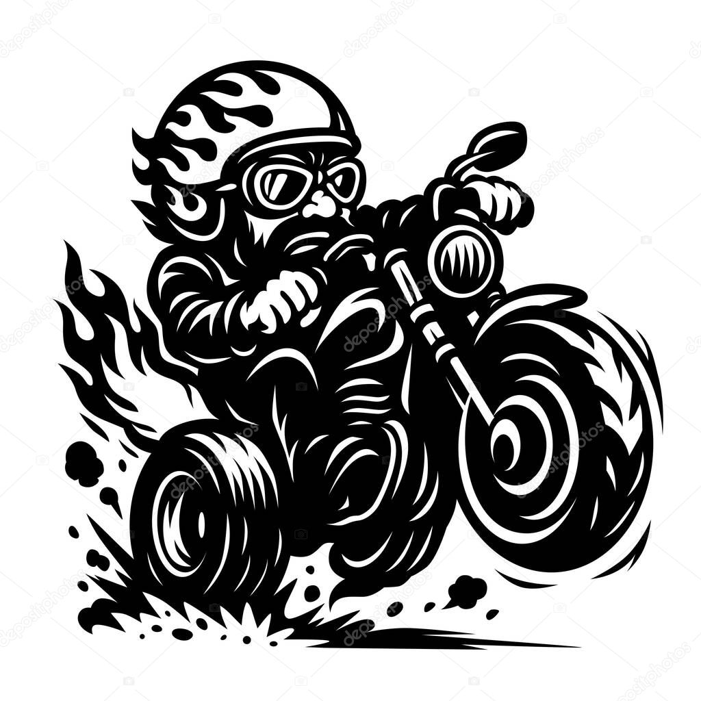 A bold, black-and-white vector illustration of a vintage biker riding a chopper motorcycle with flames trailing behind. Featuring a retro helmet with flame decals, thick beard, and goggles, this artwork captures the spirit of rebellion
