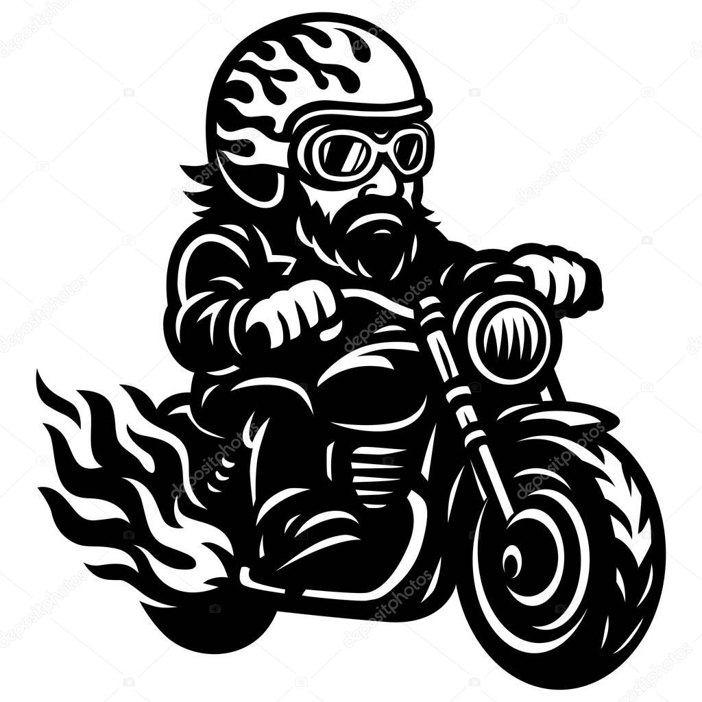 A bold, black-and-white vector illustration of a vintage biker riding a chopper motorcycle with flames trailing behind. Featuring a retro helmet with flame decals, thick beard, and goggles, this artwork captures the spirit of rebellion