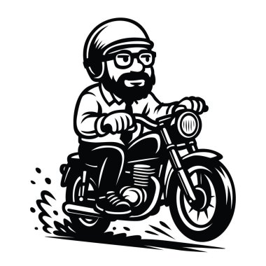 Klasik motosiklet süren siyah beyaz sakallı bir adam. Tişörtler, posterler ya da eski tarz ürünler için mükemmel..