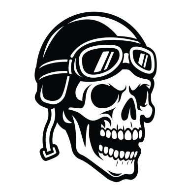 Siyah ve beyaz vektör kafatası antika bir motosiklet kaskı ve gözlük takıyor, kalın bir retro dövme tarzı. Çıkartmalar, giysiler ve Cricut-hazır tasarımlar için ideal..