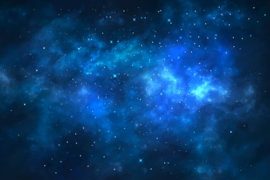 Yıldız tozu ve parlayan yıldızlarla dolu bir arka plan. Nebula ve Samanyolu ile gerçekçi renkli bir evren. Mavi galaksi geçmişi. Güzel dış uzay. Sonsuz evren. Vektör illüstrasyonu