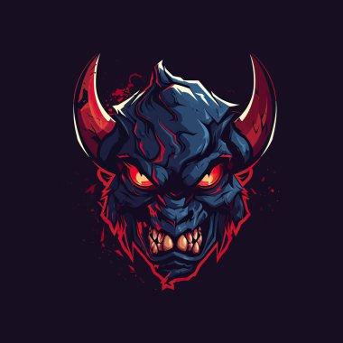 Esports Illustrasyon stili maskot tasarımında tasarlanmış kızgın bir kızıl şeytan kafası logosu.