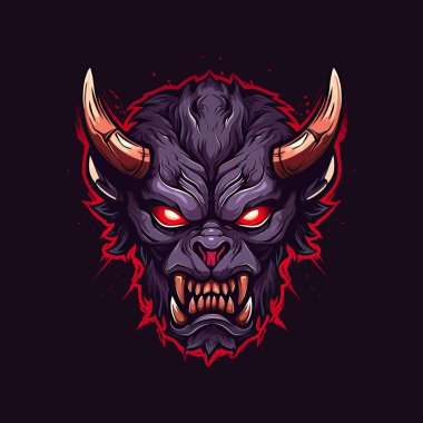 Esports Illustrasyon stili maskot tasarımında tasarlanmış kızgın bir kızıl şeytan kafası logosu.