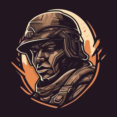 Bir asker kafası logosu, esports Illustrasyon stili maskot tasarımında tasarlandı.