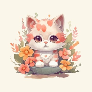 Cute cartoon baby cat watercolor illustration design clipart