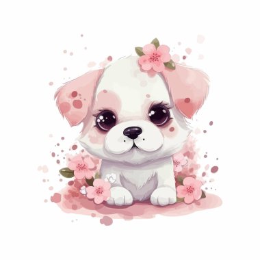 Şirin çizgi film kawaii bebek köpek suluboya çizim tasarımı