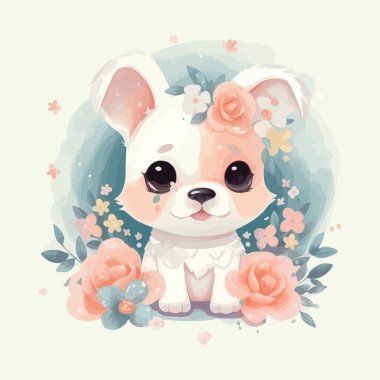 Şirin çizgi film kawaii bebek köpek suluboya çizim tasarımı