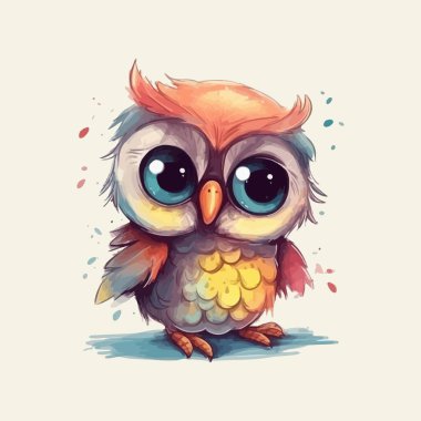 Şirin çizgi film kawaii bebek baykuş suluboya çizim tasarımı