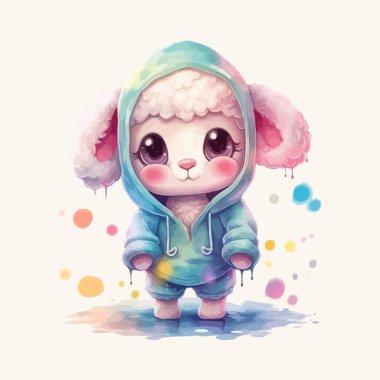 Şirin çizgi film kawaii bebek koyun suluboya çizim tasarımı