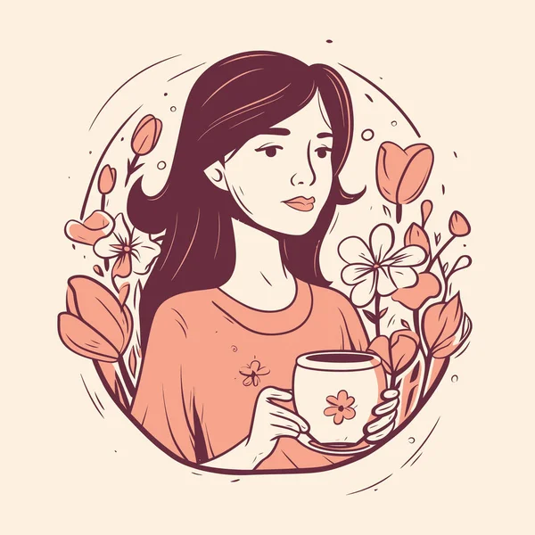 Mutter Hält Kaffeebecher Inmitten Von Blumen Zeichentrick Flache Illustration Design — Stockvektor