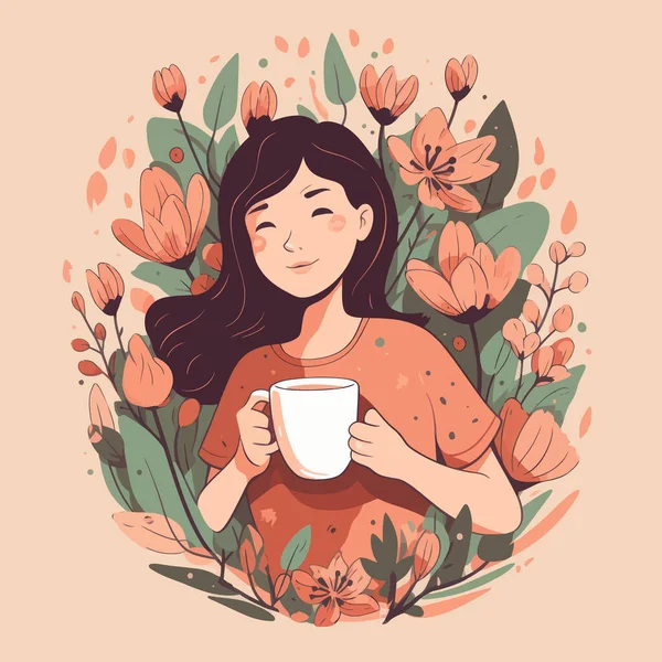 Mère Tenant Tasse Café Parmi Les Fleurs Dessin Animé Plat — Image vectorielle