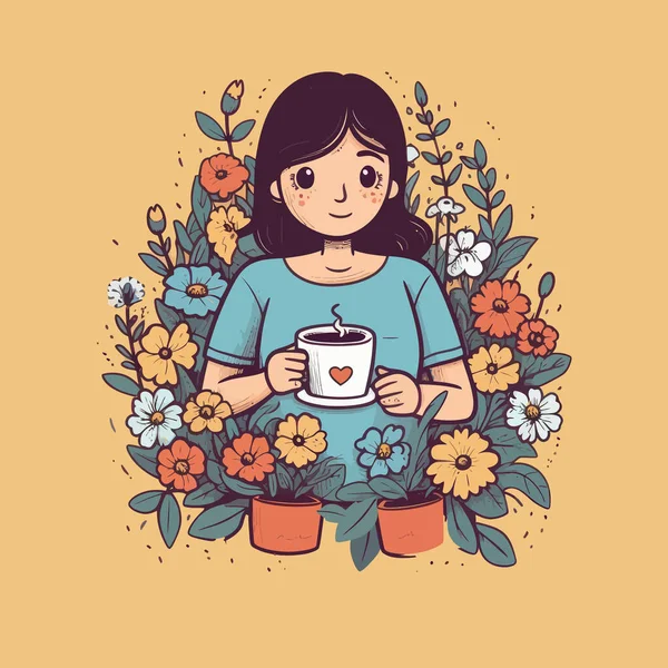 Anne Çiçeklerin Arasında Kahve Fincanı Tutuyor Çizgi Film Düz Çizim — Stok Vektör