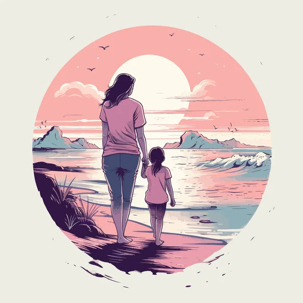 Mutter Und Kind Händchen Haltend Strand Zeichentrick Illustration — Stockvektor