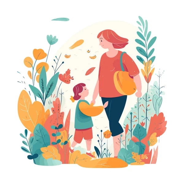 Mutter Und Kind Händchen Haltend Zwischen Blumen Zeichentrick Illustration Design — Stockvektor