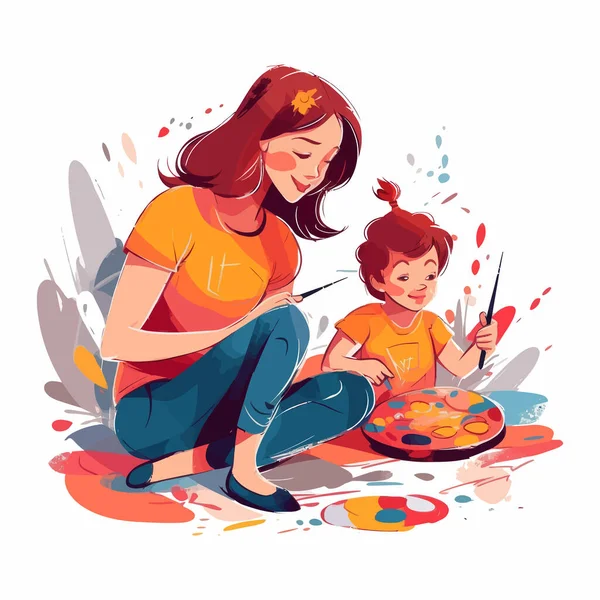 Mutter Und Kind Malen Oder Zeichnen Zusammen Aquarell Weißen Hintergrund — Stockvektor