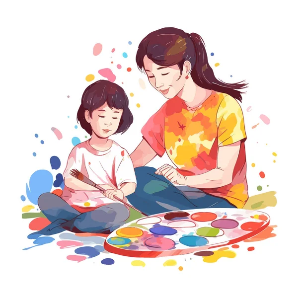 Mutter Und Kind Malen Oder Zeichnen Zusammen Aquarell Weißen Hintergrund — Stockvektor