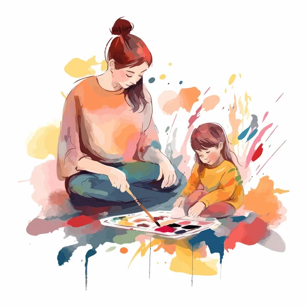 Madre Hijo Pintando Dibujando Juntos Acuarela Fondo Blanco — Vector de stock