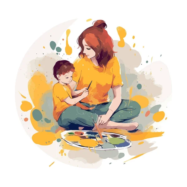 Matka Dítě Malování Nebo Kreslení Dohromady Akvarel Bílé Pozadí — Stockový vektor