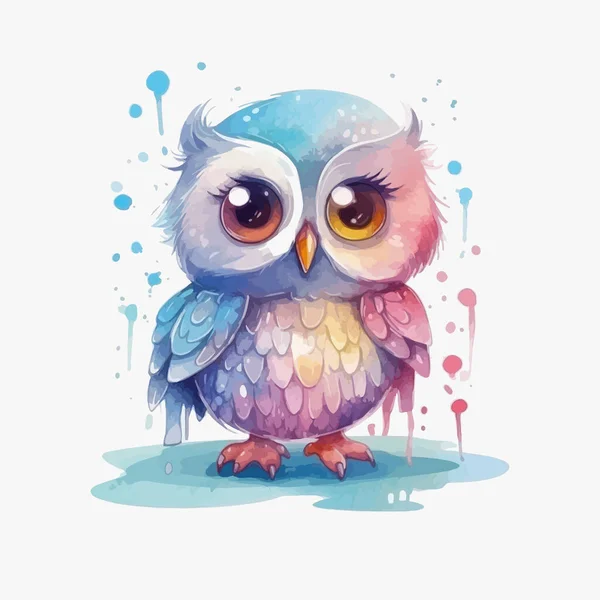 Cute Cartoon Kawaii Baby Owl Watercolor Illustration Design — Stock Vector