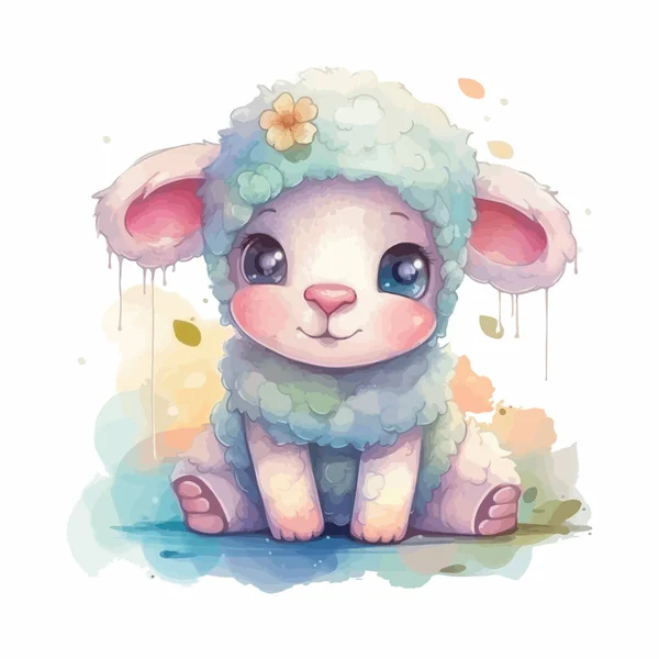 Cute Cartoon Kawaii Baby Sheep Watercolor Illustration Design — Stock Vector