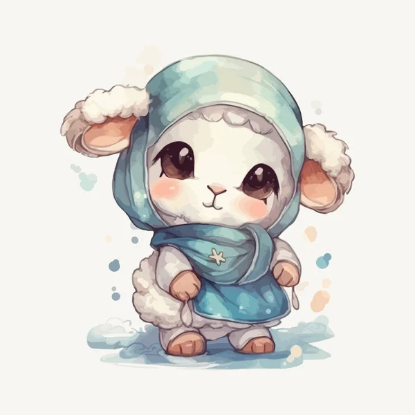 Cute Cartoon Kawaii Baby Sheep Watercolor Illustration Design — Stock Vector
