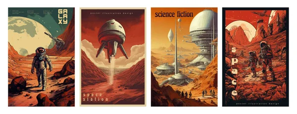 Retro Science Fiction Space Exploration Scene Mars Astronaut Illustration Poster — Stock Vector