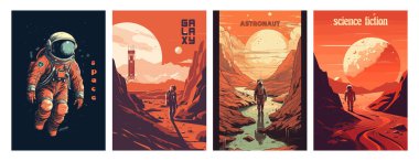 Retro science fiction, a space exploration scene on Mars and astronaut illustration poster design set. clipart