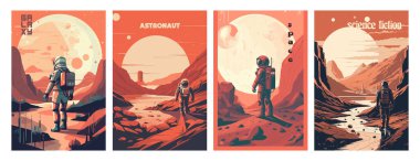 Retro bilim kurgu, Mars 'ta bir uzay keşfi sahnesi ve astronot illüstrasyon poster dizaynı.