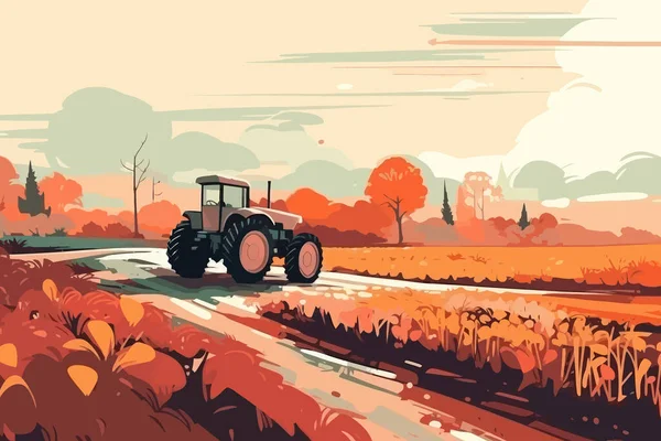 Natur Och Jordbrukslandskap Himmel Fält Träd Traktor Och Gräs För — Stock vektor