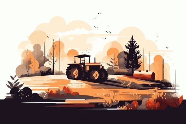 Natur Und Bauernlandschaft Dorf Himmel Feld Bäume Traktor Und Gras — Stockvektor