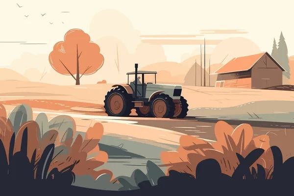 Nature Paysage Agricole Village Ciel Champ Arbres Tracteur Herbe Pour — Image vectorielle