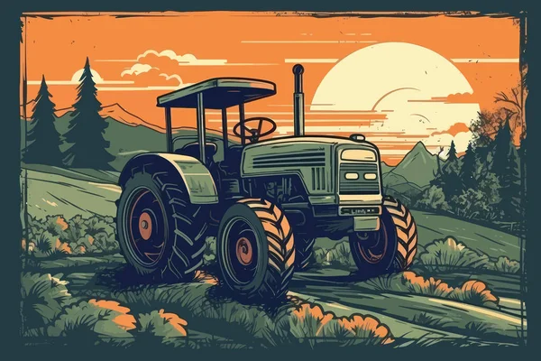 Nature Paysage Agricole Village Ciel Champ Arbres Tracteur Herbe Pour — Image vectorielle