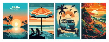 Yaz tatili illüstrasyon posterleri, deniz manzarası, güneş yatağı, tatildeki kadın, yaz günbatımı, retro ve modern tarz, bir tebrik kartı için.