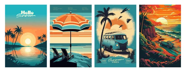 一套以海滨风景 日光浴床 度假妇女 夏日落日 复古风格和现代风格为主题的夏季度假宣传海报 以制作一张贺卡 — 图库矢量图片