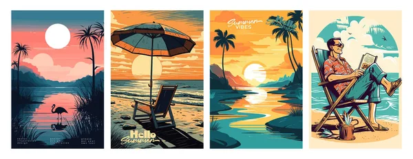 Set of summer vacation vector illustration posters with seaside landscape, sunbed, woman on vacation, summer sunset, retro and modern style, for a greeting card